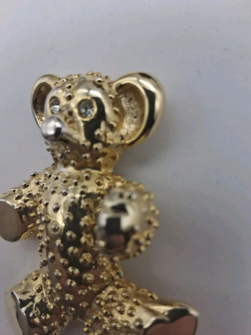 Vintage Teddy Bear Brooch Pin Brushed Gold Rhinestone Crystal Chunky 1980s